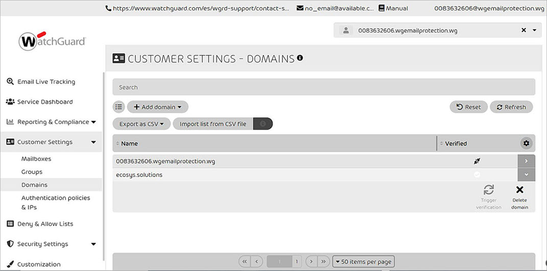 Screenshot of the Customer Settings - Domains page trigger verification